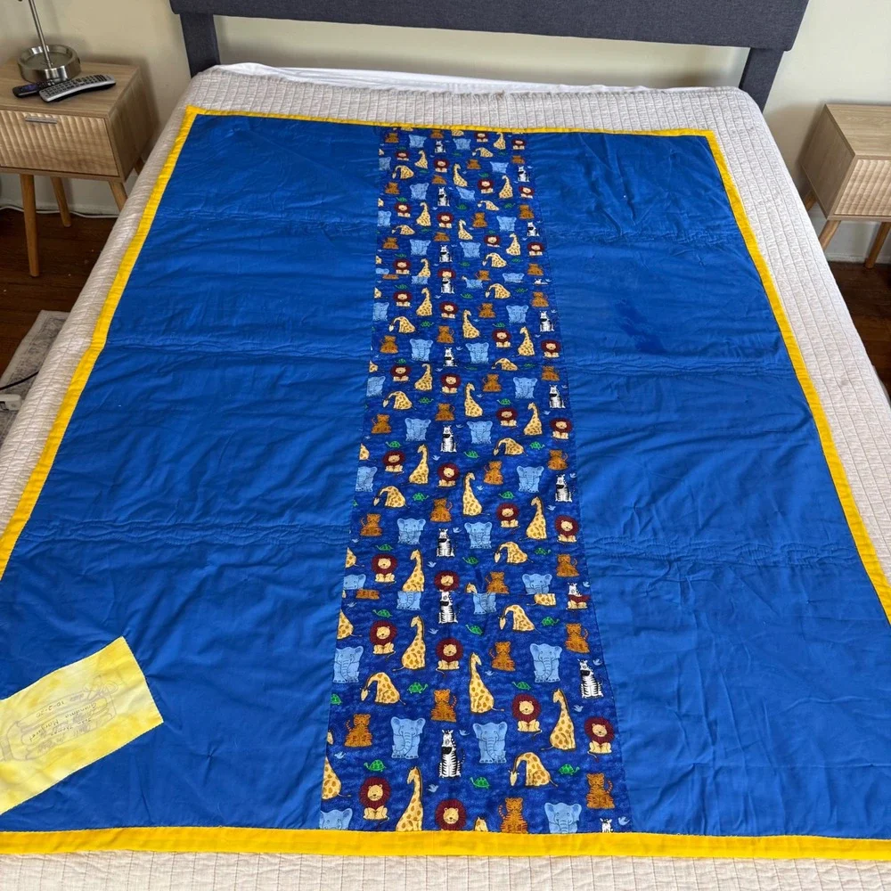 Handmade Noahs Ark Baby Quilt All Creatures Great And Small Embroidered Blue